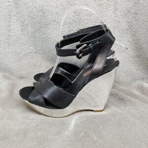 7 For All Mankind Shoes Womens Size 6.5 Black Leather & Metallic Silver Wedge